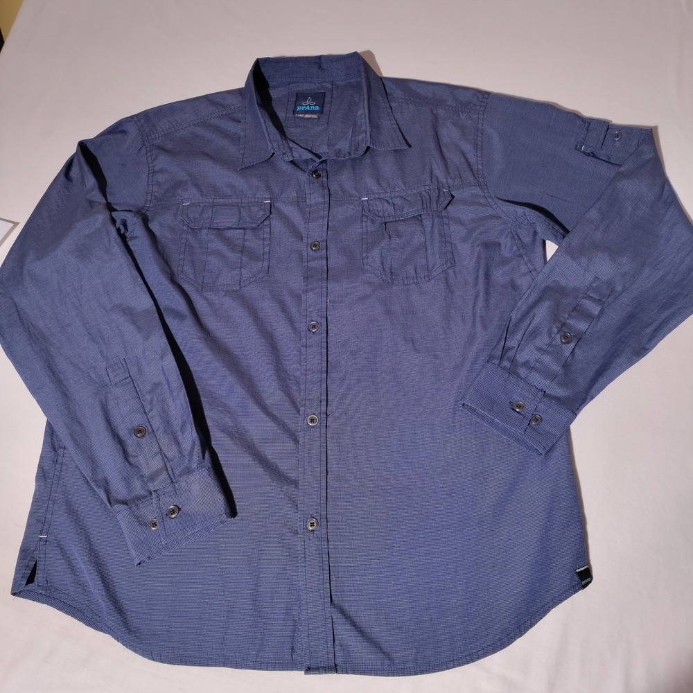 Prana Men XL Blue Micro Check Long Sleeve Button Down Roll Tab Shirt - Imperfect